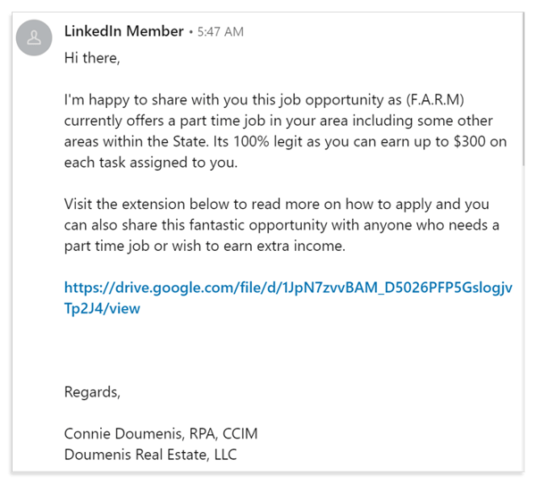 Example - Scam Message and JotForm Link